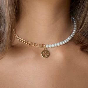 Repurposed Tory Burch Charm Necklace with Gold Chain and Pearl Beads